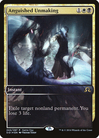 Anguished Unmaking (Game Day) (Extended Art) [Shadows over Innistrad Promos] ESPAÑOL